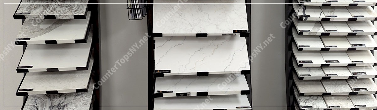 White quartz countertop slabs from different brands